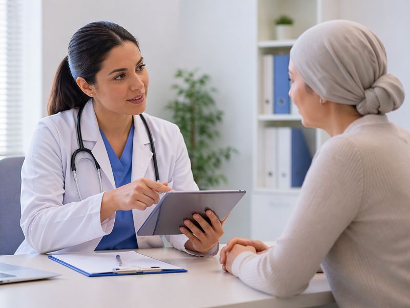 doctora explicando tratamiento de quimioterapia a paciente en Monterrey